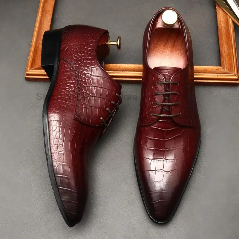 

Italian Pointed Toe Men's Dress Shoes Genuine Leather Handmade Crocodile Pattern Oxford Lace Up Business Formal Shoes For Men