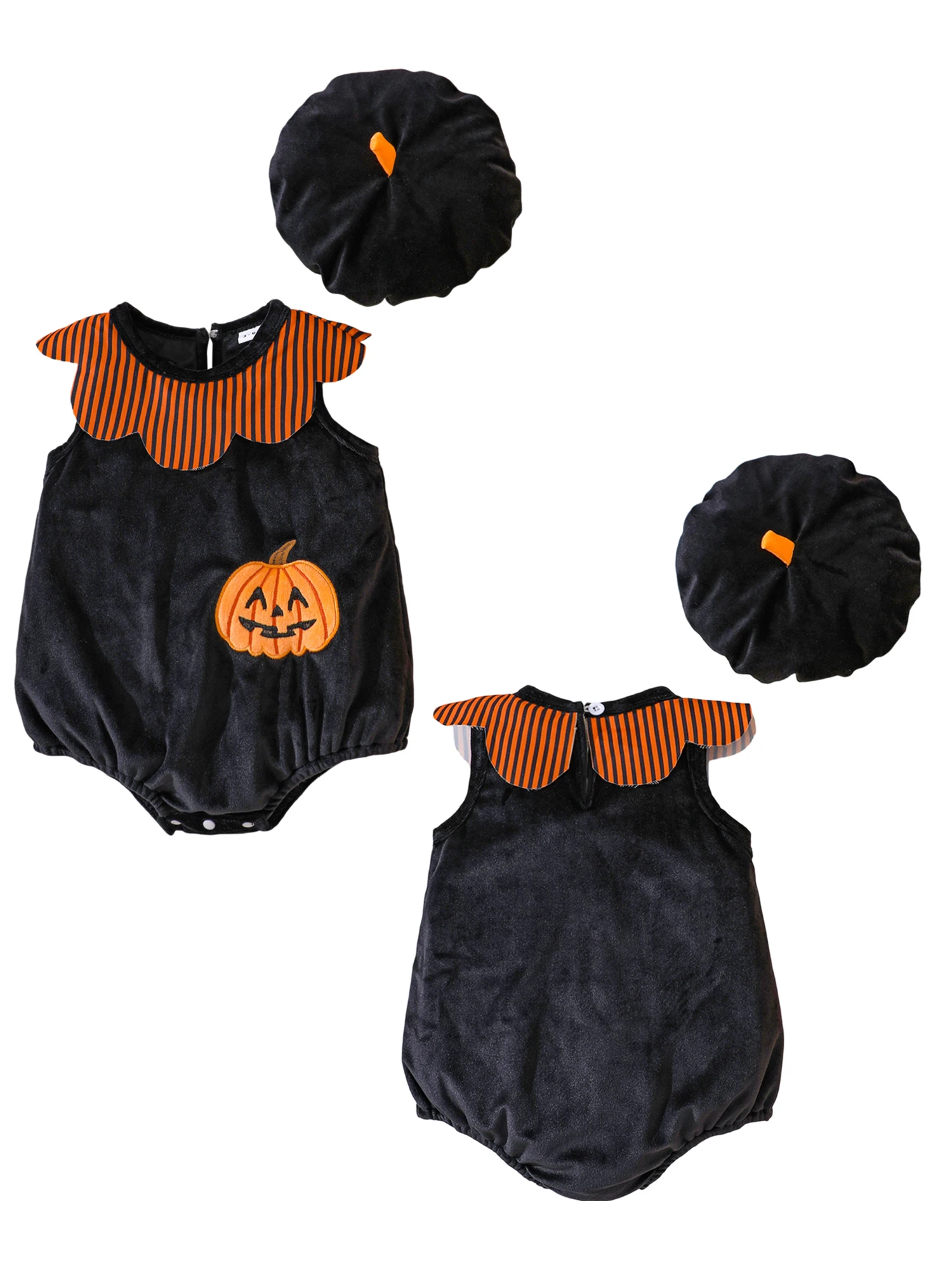 ชุดแฟนซีฮาโลวีนน่ารักสำหรับเด็กเล็ก ลายปักรูปฟักทอง แมงมุม ค้างคาว ลายดอกไม้ แขนกุด พร้อมหมวก ชุด 2 ชิ้น สำหรับเด็กผู้หญิง