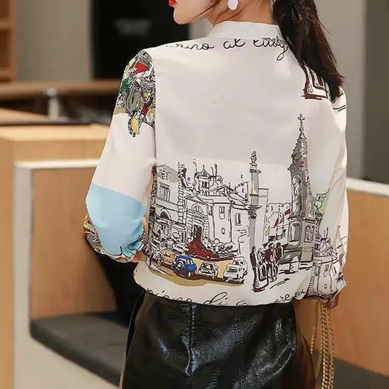 Spring Autumn New Round Neck Long Sleeve Fashion Shirt Women High Street Printing Button Patchwork Cardigan Vintage Elegant Tops