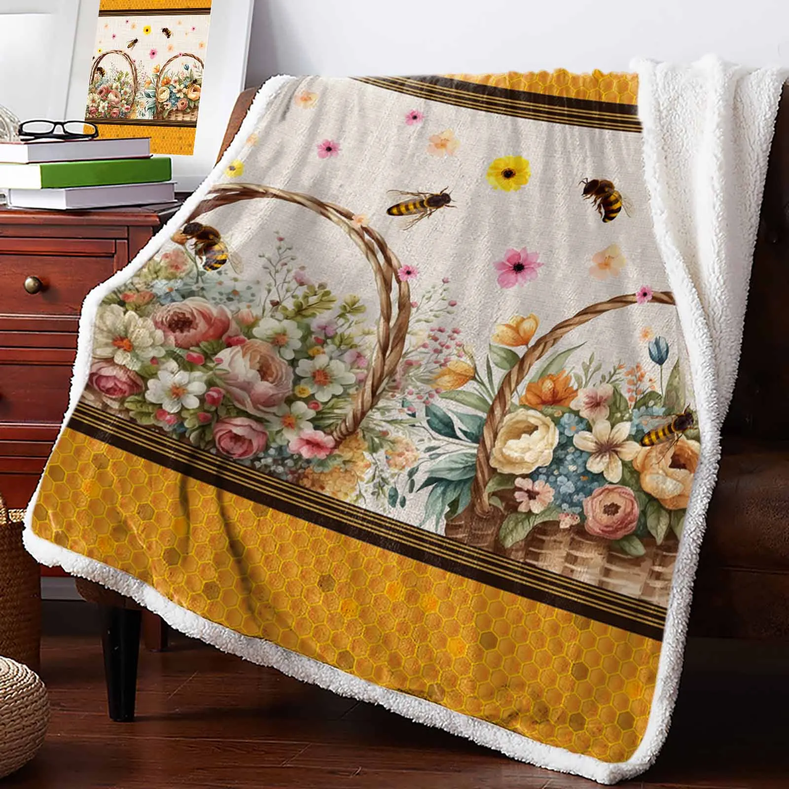 

Flowers Bee Hive Watercolor Cashmere Blanket Warm Winter Soft Throw Blankets for Beds Sofa Wool Blanket Bedspread