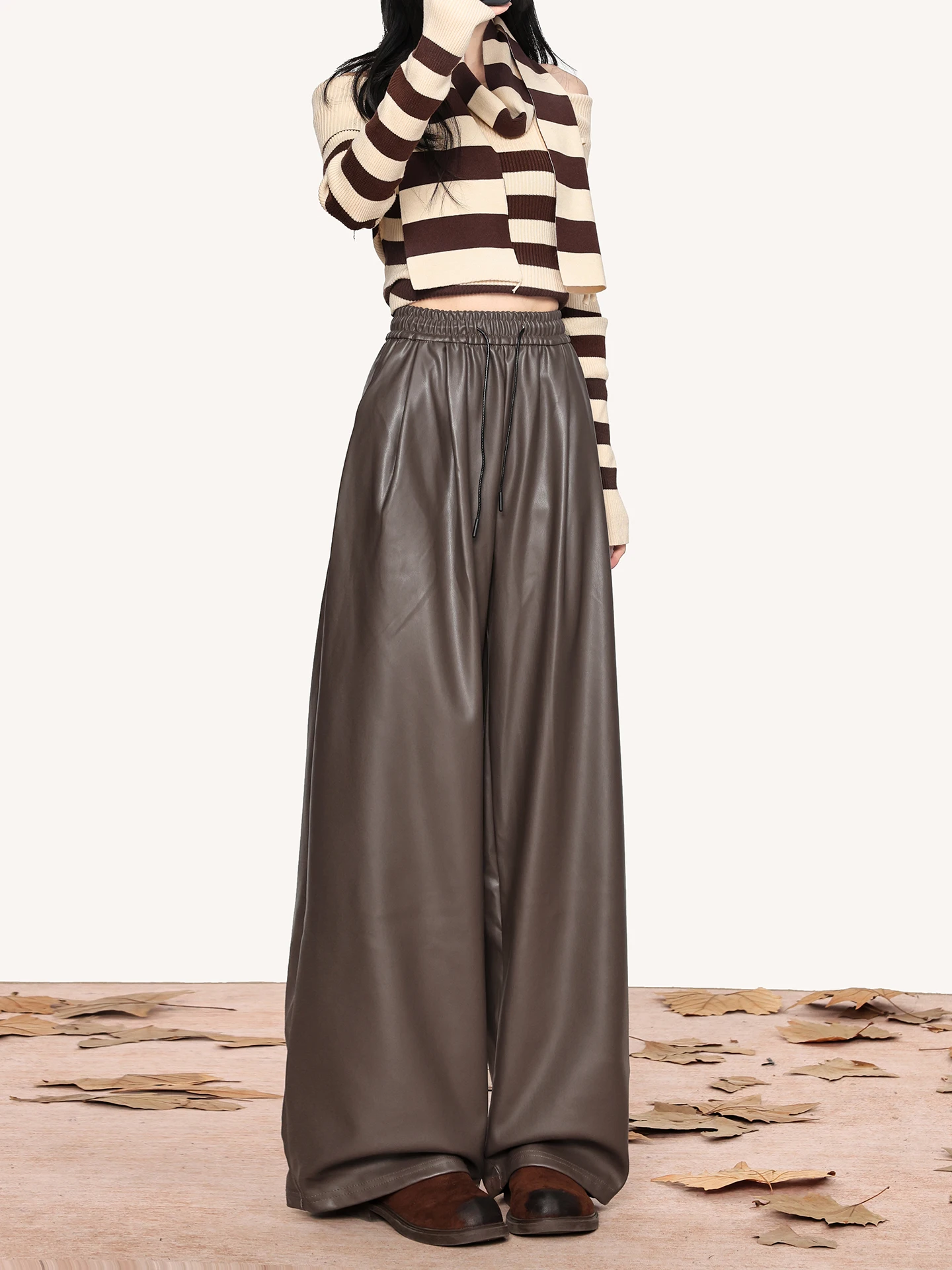 American Retro High Waist Casual Leather Pants Women's Summer New Wide Leg Draped Flocking Floor-Length Straight Leg Pants