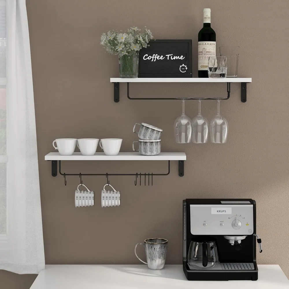 20-Inch Floating Shelf with Hooks, Set of 2 for Mugs and Glasses, Wall-Mounted Storage