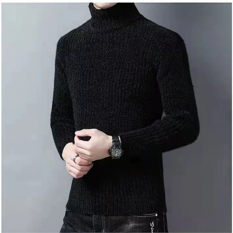 Autumn Winter High Neck Sweater Middle-aged Trend Fashion Men's Clothing Thick Knit Casual Slim Fit Warm Mink Fur Base Chic Tops