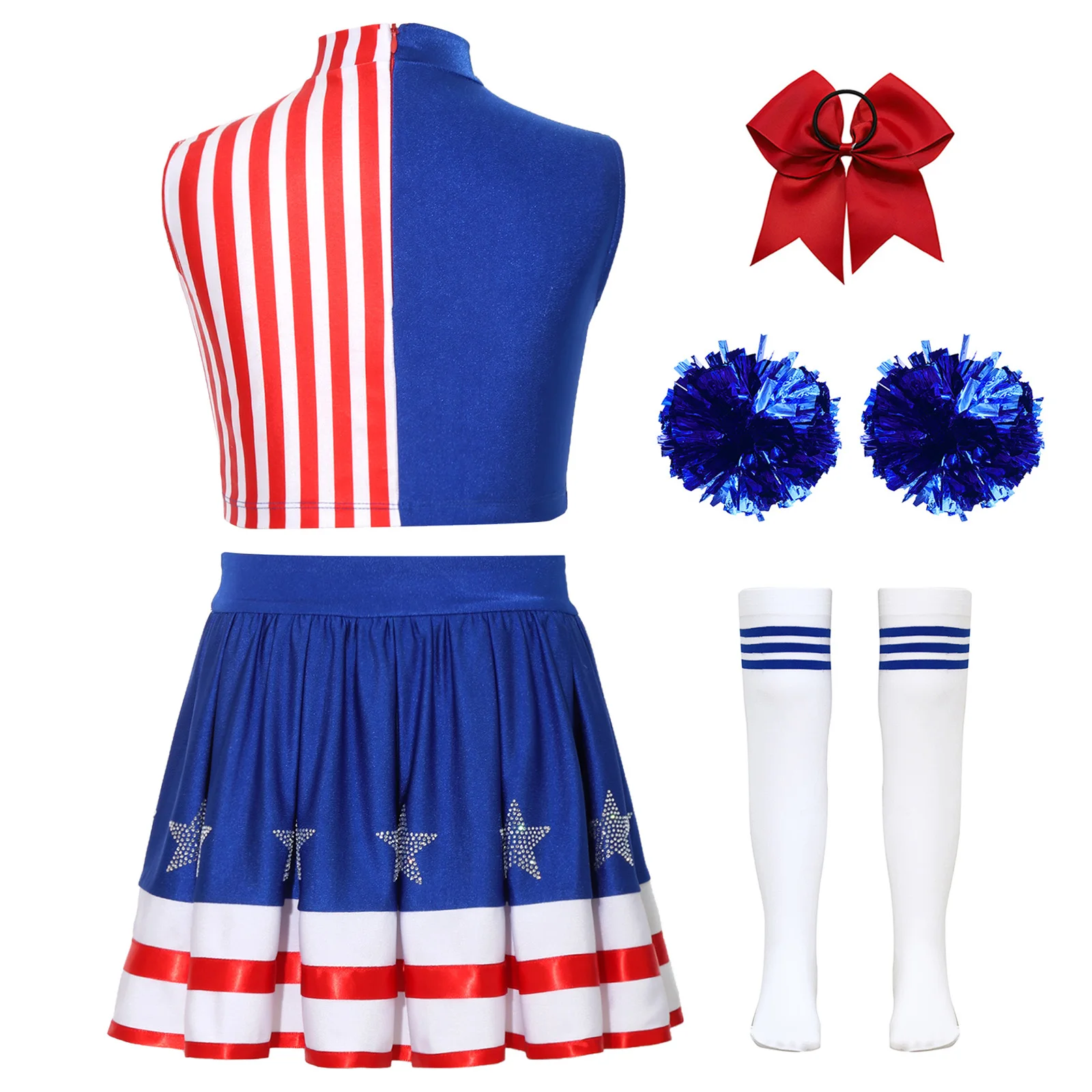 Cheerleading-Outfit für Kinder und Mädchen, Kostüm zum Unabhängigkeitstag, gestreiftes Crop-Top mit Rock mit Strass-Sternen, Pompons, Socken und Kopfbedeckung – Detail 5