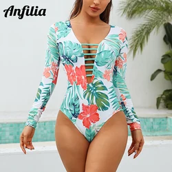 Anfilia Women Monokini One-Piece Swimsuit Long Sleeve Floral Print Beachwear Swimwear Surf Suit UPF 50+ UV Protection