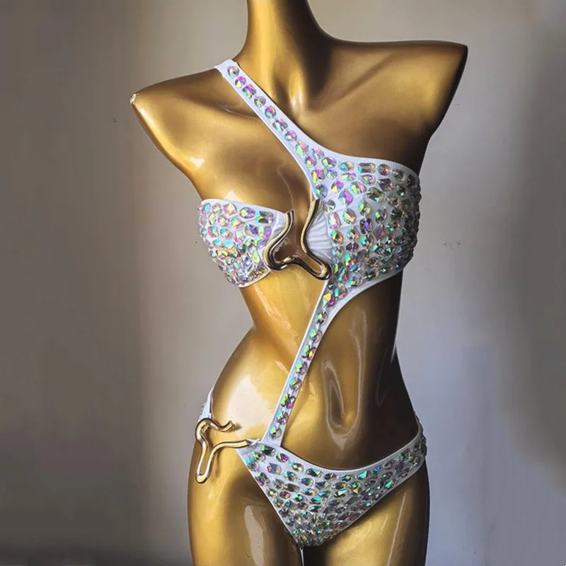 Hand Sewn Rhinestones Bodysuit Women Swimsuit Bikini Set Beach Vacation Swimwear Carnival Party Festival Rave Nightclub Bikini