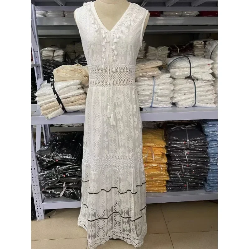 Sexy V Neck Sleeveless Lace Casual Tassel Beach Spaghetti Straps Flowy Swing Ruffle Maxi Sun Dress Women Summer Boho Dresses