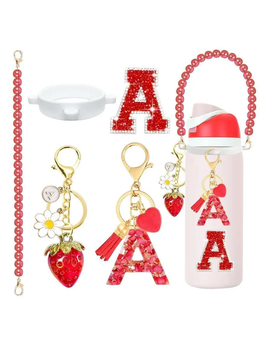 Strawberry Keychain Accessories for Owala Water Bottle, Pearl Handle Strap & Letter Stickers, Compatible with Owala FreeSip 24oz