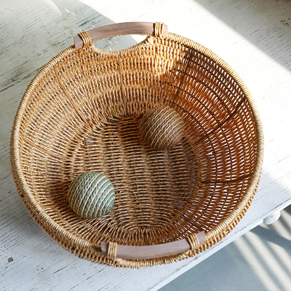 

Креативная корзина для хранения фруктов из искусственного ротанга с деревянной ручкой, многофункциональный плетеный контейнер ручной работы для цветов, для домашнего декора