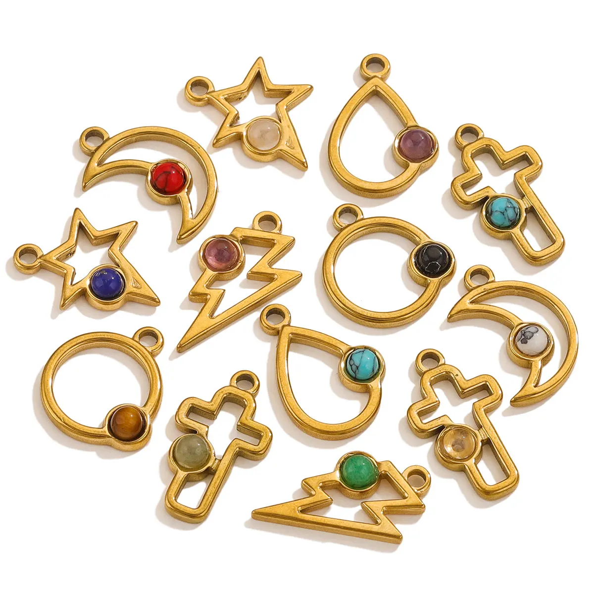 5 Stuks Van Roestvrij Staal Geometrische Waterdichte Pvdgold Plated Charm Set Natuursteen Pendantdiyarmband Ketting Oorbellen Sieraden