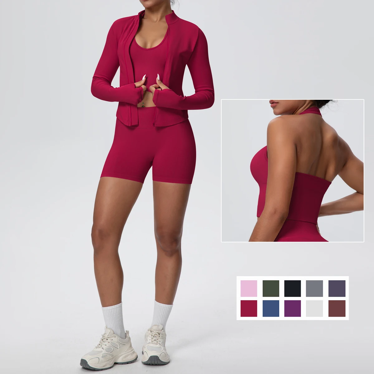 

3pcs/set Woman's Sports Yoga Set Solid Color Yoga Zipper Long Sleeves Hanging Neck Bra and Fitness Shorts Gym Exercise Yoga Set