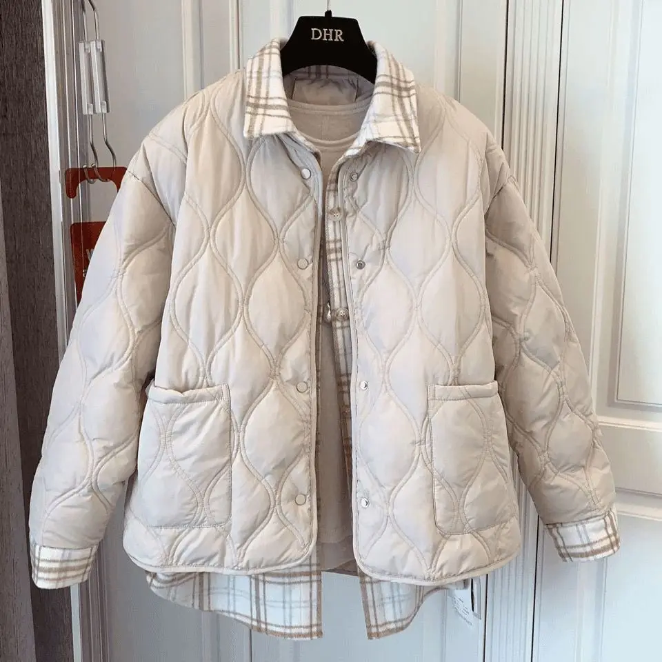 

Autumn/Winter New Women's Fake Two Piece Cotton Jacket Loose Casual Splicing Polo Collar Jacket
