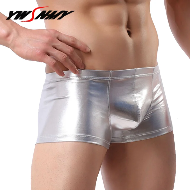 Sexy Men Boxers Male Panties Faux Leather Underwear Men U Convex Underpants Fashion Gold Silver Nightclub Stage Show Boxershorts