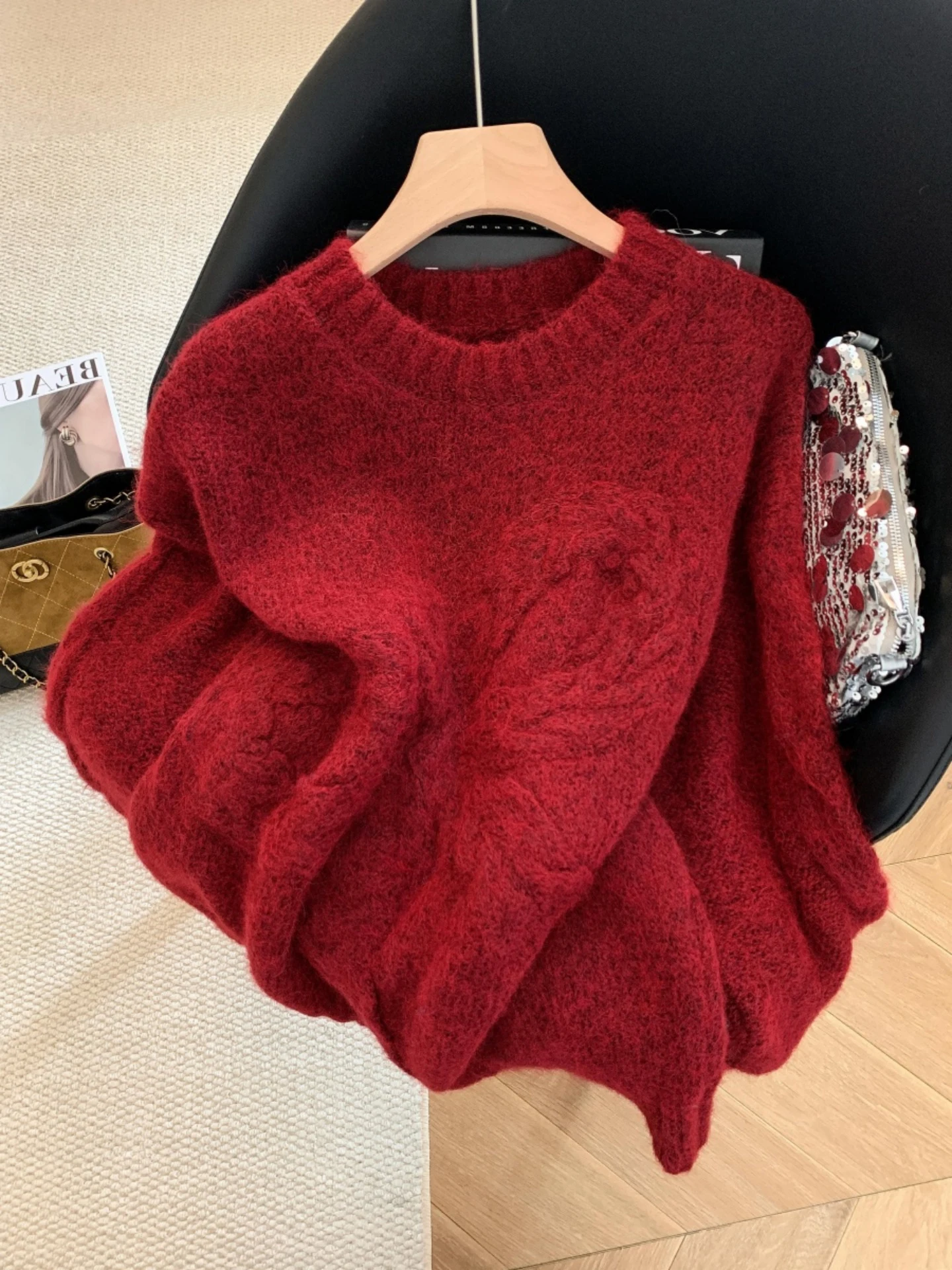 

Cisas Aosphere Korean Sle Red Knitwear Women's Autumn Winter Twisted Knot Sweater Loose Fit Soft Material
