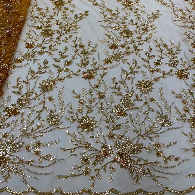 

Luxury Beaded and Sequins Gold Lace Embroidery Nigerian French Net Lace Fabric For Wedding and paty TS1631