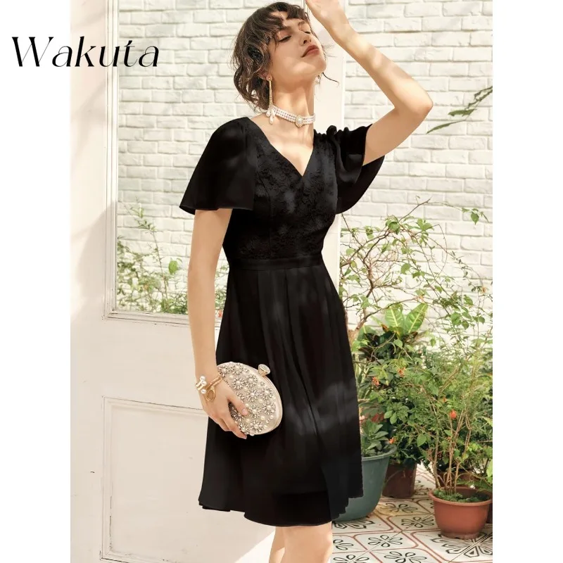 Wakuta-Robe de Cocktail Classique Française, Col en V, Manches à Volants, Vintage, Taille Amincissante, Robes d'Anniversaire, Ligne A, Éducative, Remise de Diplôme