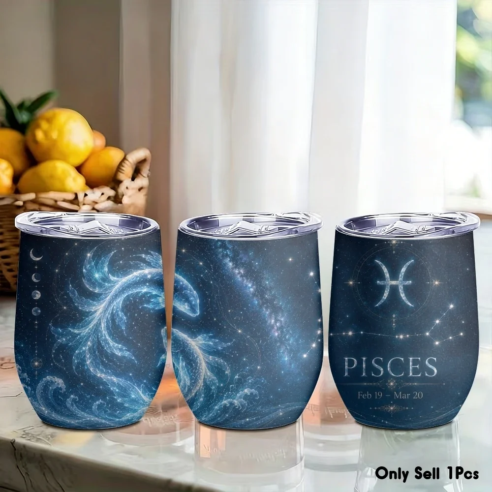 7-12Simple Twelve Zodiac Signs Vacuum Flasks 12oz Eggshell Cup with Lid, Portable Coffee Cup for Travel Office Mug