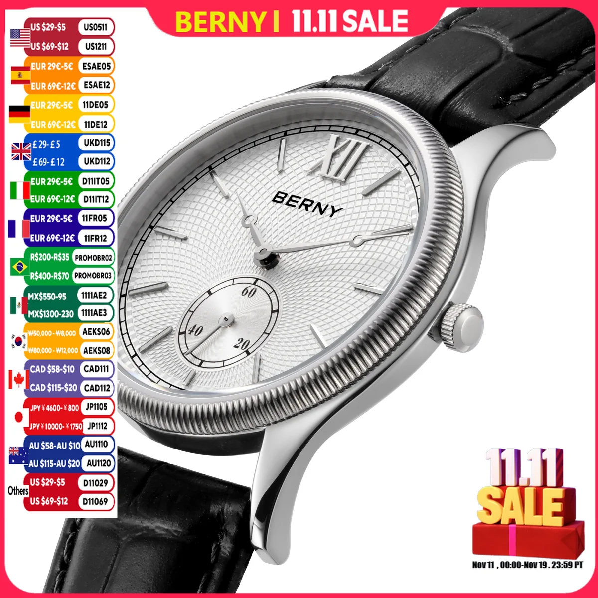 BERNY Men's Watches Luxury Classic Stylish Dress Quartz Watch Ultra-Thin Stainless Steel Case Elegance Leather Strap Wristwatch