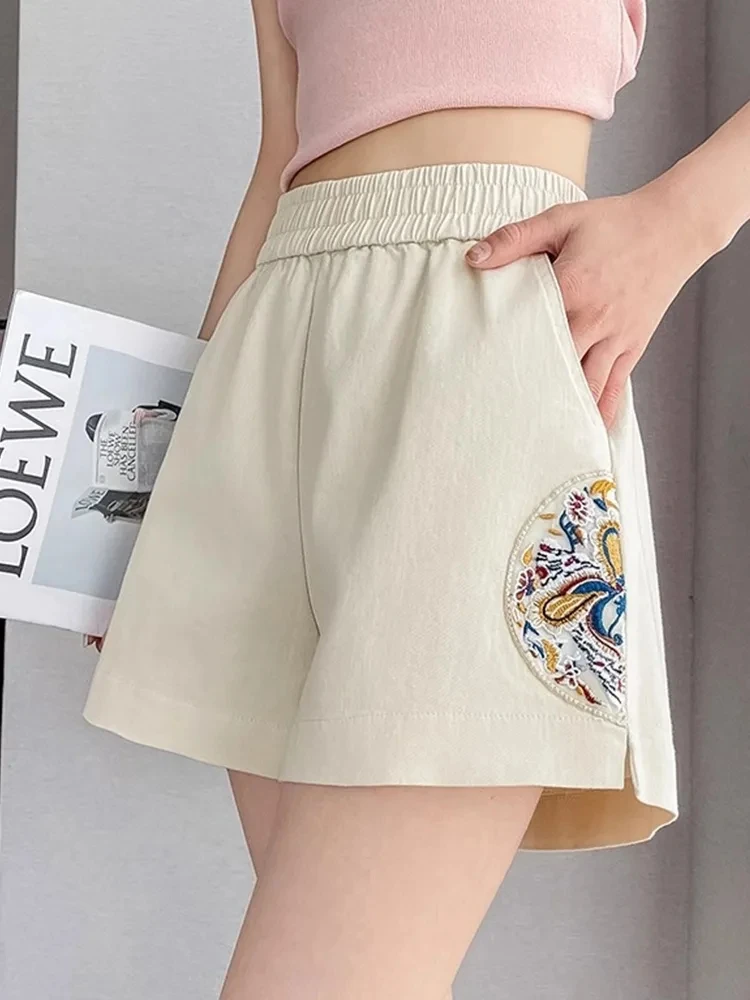 

2024 Embroidered Shorts Women National Style High Waist Wide Leg Pants Literary Retro Improved Casual Summer Clothes