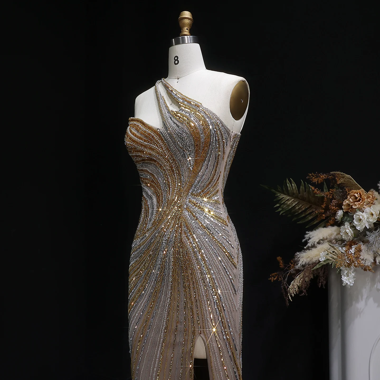 Sharon Said Dubai Einschultrige Meerjungfrauen-Abendkleider mit Pailletten und Perlen, Formelle Ballkleider für Damen SS153 Maßanfertigung – Detail 7
