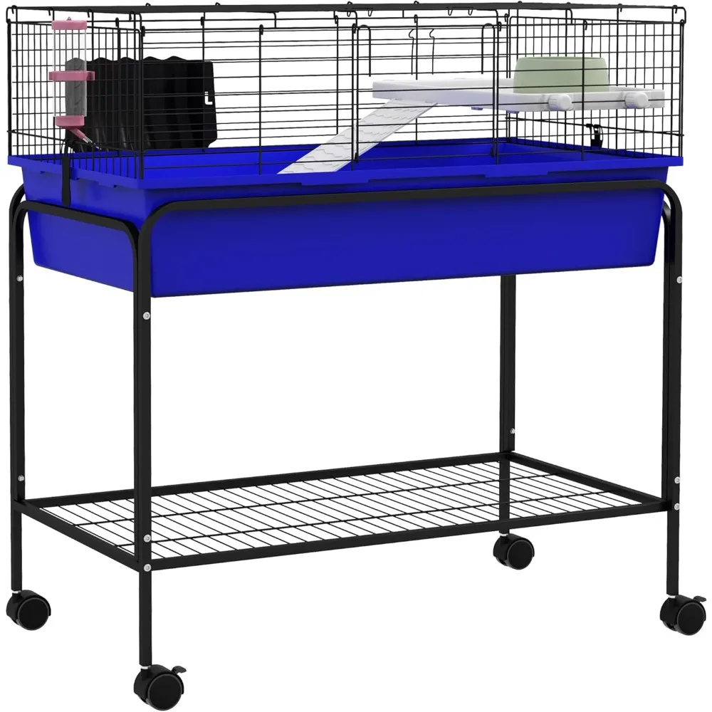 

Two-Story Small Animal Cage Removable From Stand, Guinea Pig, Hedgehog, Chinchilla, Ferret Habitat With Shelf & Wheels, 33" x 1