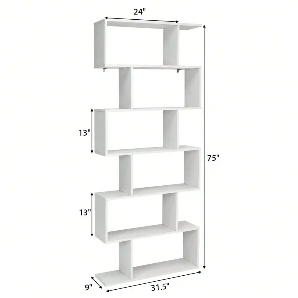 2 PCS 6 Tier S-Shaped Bookshelf Storage Display Bookcase Z-Shelf White