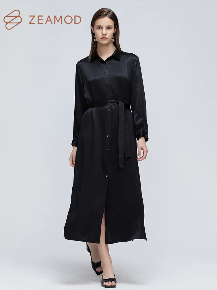 AMOD-Robe chemise à manches longues avec ceinture pour femme, vêtements boutonnés sur le devant, robe décontractée, élégante, traitée, 22 Momme