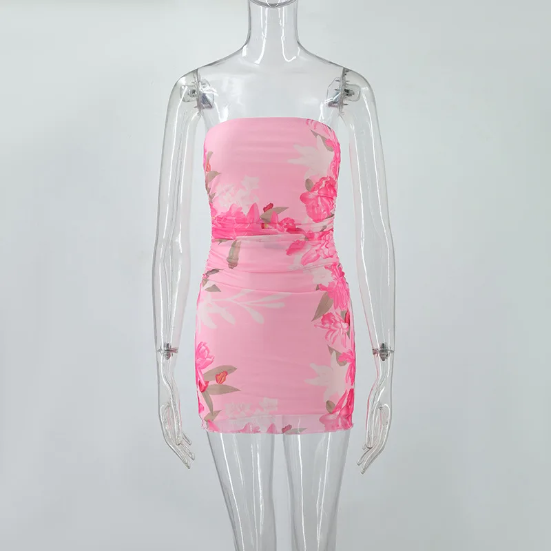 2025 novo estilo europeu e americano roupas femininas verão sexy tubo superior impressão magro-encaixe plissado vestido de dupla camada