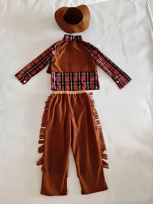 Kids Western Style 6 Piece Outfit, Fringe Vest Plaid Shirt Pants With Cowboy Hat Bandana For Theme Party Performance