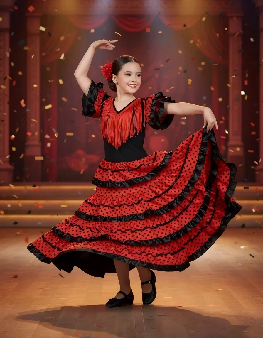 Spanisches Flamenco-Tanzkostüm für Kinder, rotes und schwarzes langes Kleid, Mädchen-Karnevals-Bühnenoutfit für Festival-Cosplay-Party – Detail 3