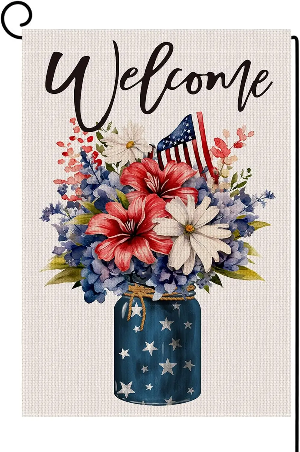 

4th of July Garden Flag 12x18 Inch Vertical Double Sided Mason Jar Flowers Small Burlap Flag Patriotic Day Memorial