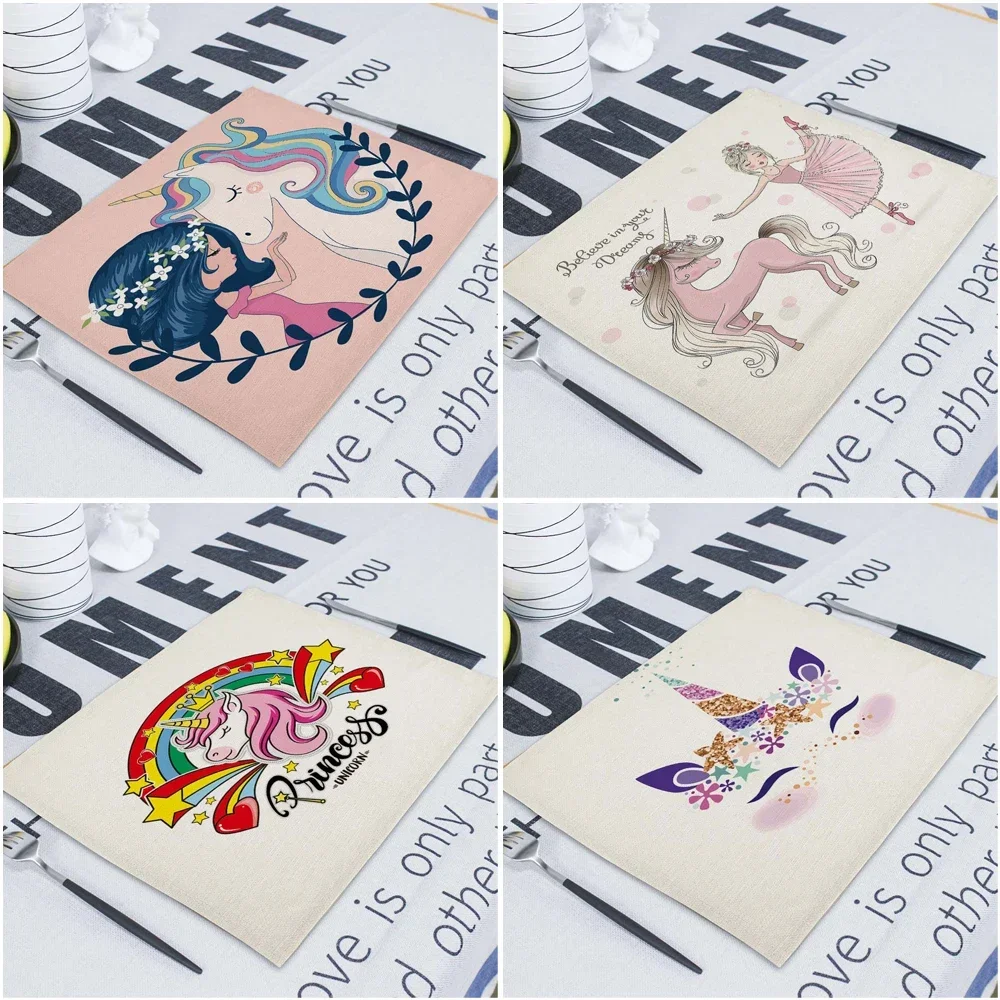 Cartoon Pink Table Mat Unicorn Individual Placemats Coasters Set 40*30Cm Pad On The Table Cup Pad Place Mats For Dining Table