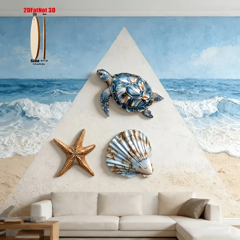 2D Flat Wooden Ocean Theme Wall Decor Sea Turtle Starfish Shell Hanging Plaque Coastal Nautical Wall Art for Home Living Room