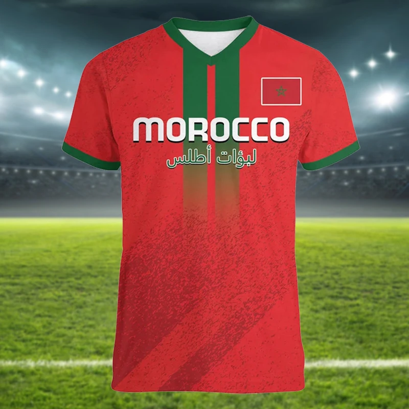 Morocco Football T-shirt For Men Clothing 3d Printed Moroccan Sports V Neck Tee Shirts GYM Tops Short Sleeve Casual Oversized