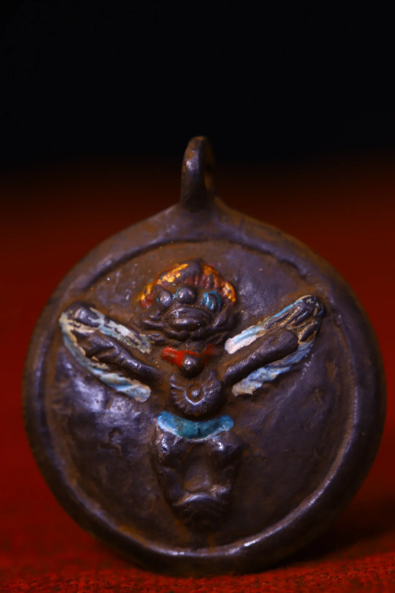 

2"Tibetan Temple Collection Old Bronze Cinnabar Painted Garuda Dhwaja Eight Diagrams Buddha Card Pendant Amulet Town house