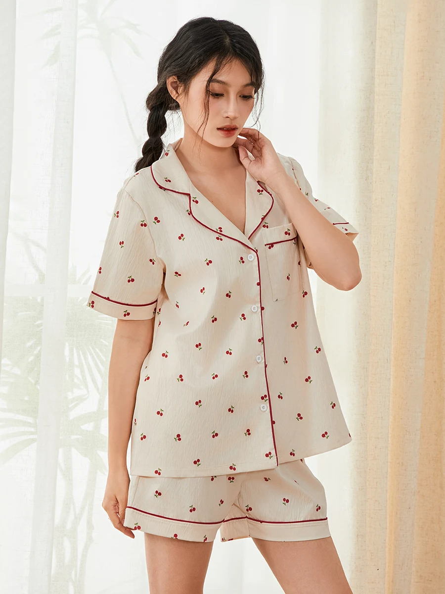 Women Pajamas Set 2 Pieces Loungewear Suits Cherry Print Short Sleeve Loose Tops and Shorts Sleepwear Outfits