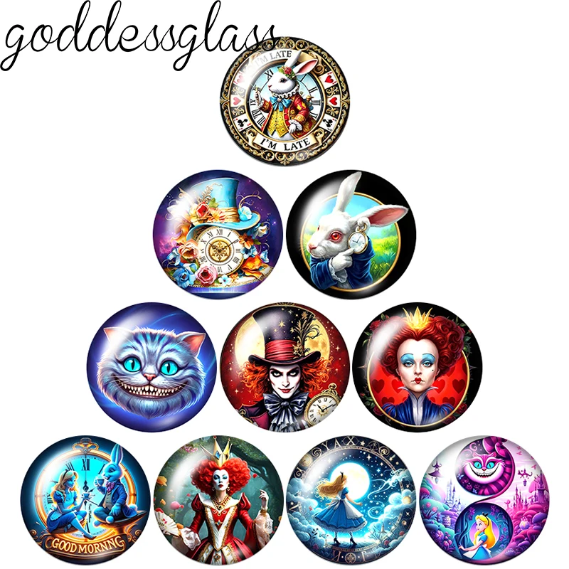 Alice im Wunderland, Kaninchenkönigin, Verrückter Hutmacher, 12 mm/18 mm/20 mm Fotoglas-Cabochon mit flacher Rückseite, zur Herstellung von Schlüsselanhänger-Schmuck