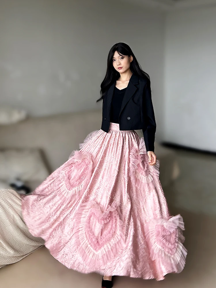 TIYIHAILEY Satynowa Różowa Elastyczna Talia XS-XL Linia A Kwiaty Damskie Wysokiej Jakości Wiosna Jesień 2025 Nowe Modne Spódnice