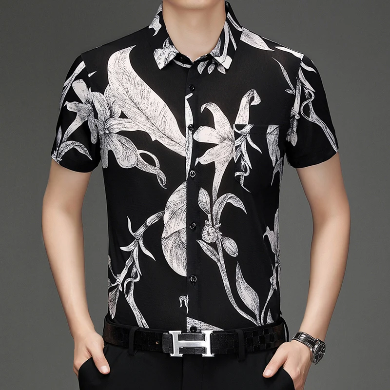 

Trends Pocket Dress Men Shirt Short Sleeve Digital Print Floral Summer Silky Cool Felling Oversized 4XL Casual Camisas De Hombre