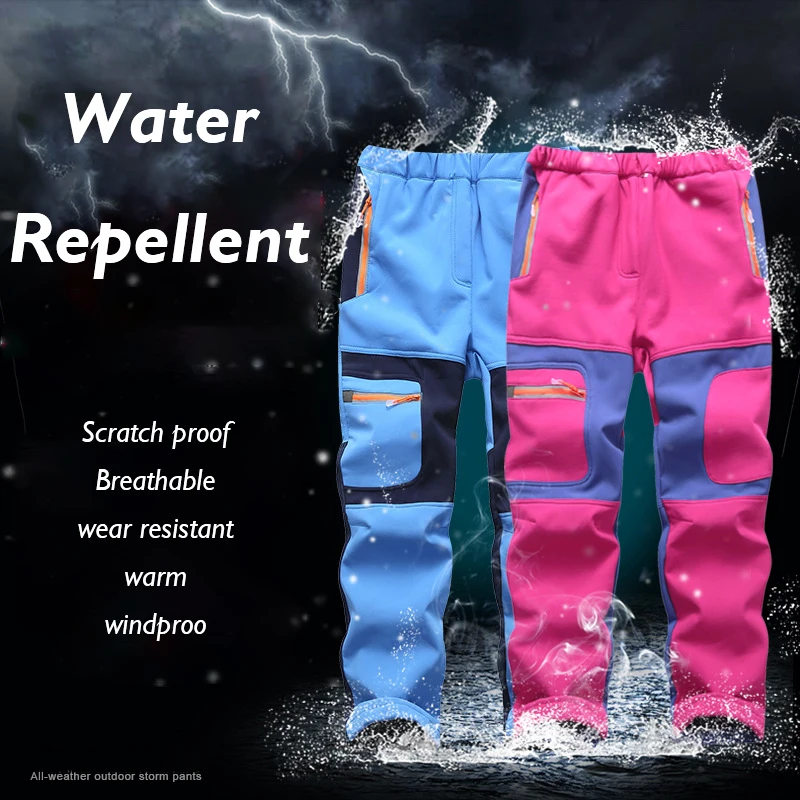 Outdoor Kids Water Repellent Hiking Pants Windproof Fleece Colorful Patchwork Softshell Camping Climbing Skiing Sport Trousers