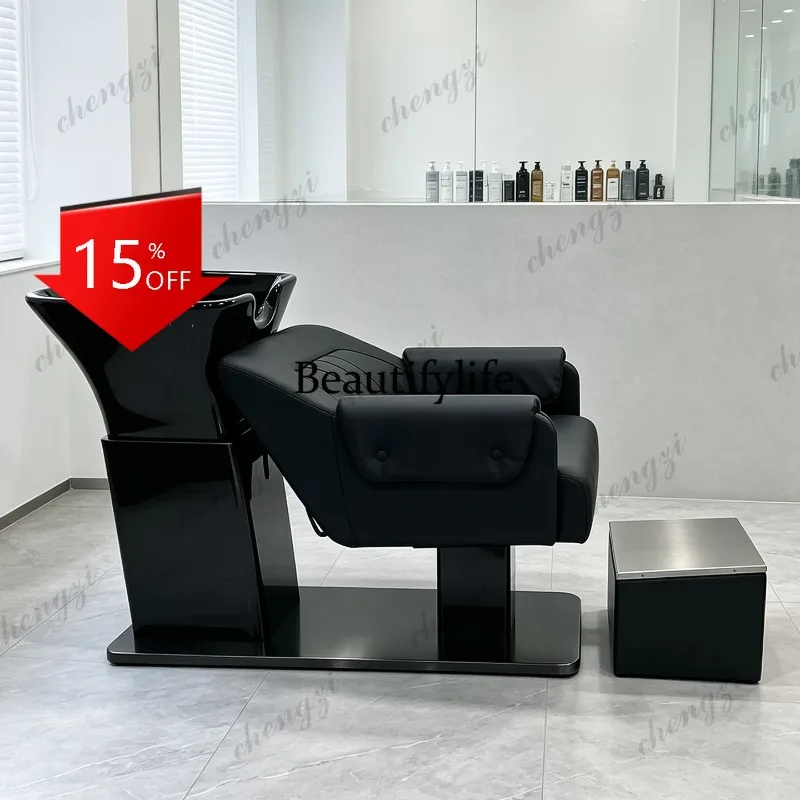 D80 Stainless steel shampoo bed hairdresser ceramic basin punch bed hair salon semi-lying flush bed