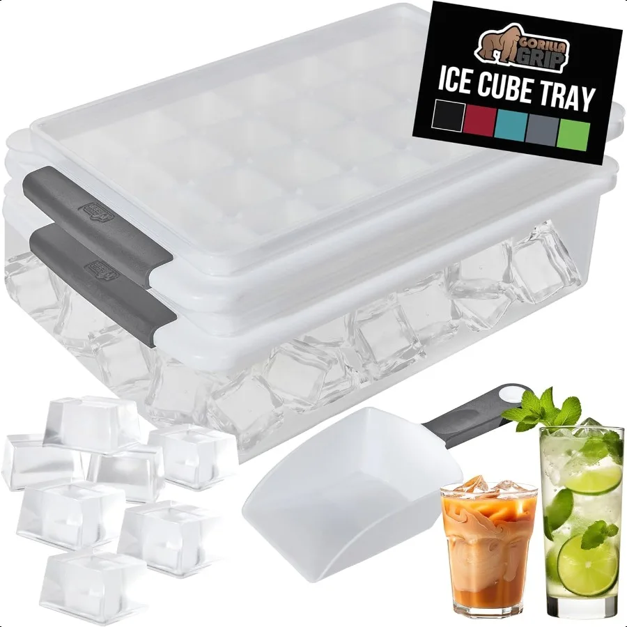 

Stackable Ice Cube Tray and Bucket Set for Freezer Includes 2 Trays with Lid and Scooper Easy Release Makes 56 Cubes for Cockta