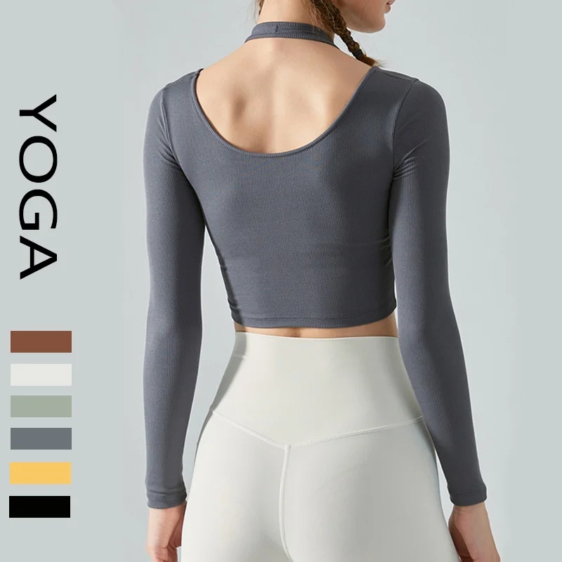 Yoga long sleeve with brand logo women fall/winter threaded top halter fake two pullover slim removable chest pad base T-shirt