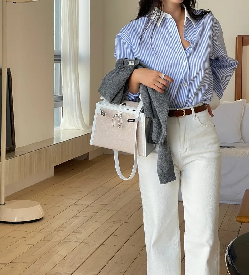 오피스 레이디 여성 블라우스 스트라이프 캐주얼 셔츠 패션 루즈 봄/여름 폴로넥 의류 긴팔 프렌치 여성 탑