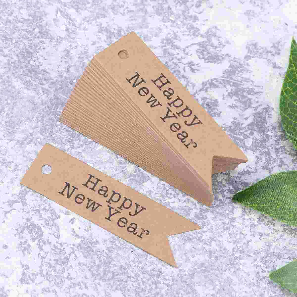 100pcs Swallowtail Design Tag HAPPY NEW YEAR Letter Printing Gift Tag Decor Kraft Paper Tag DIY Labels with Rope(Kraft Paper