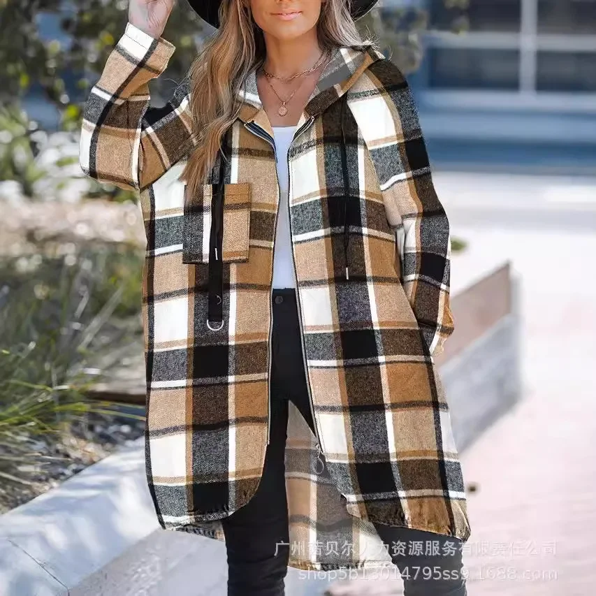 Jackets Women Hooded Coats Slim Fit Plaid Print Casual Zipper Mid Length Coat Full Sleeve Elegant Splice Jacket Autumn