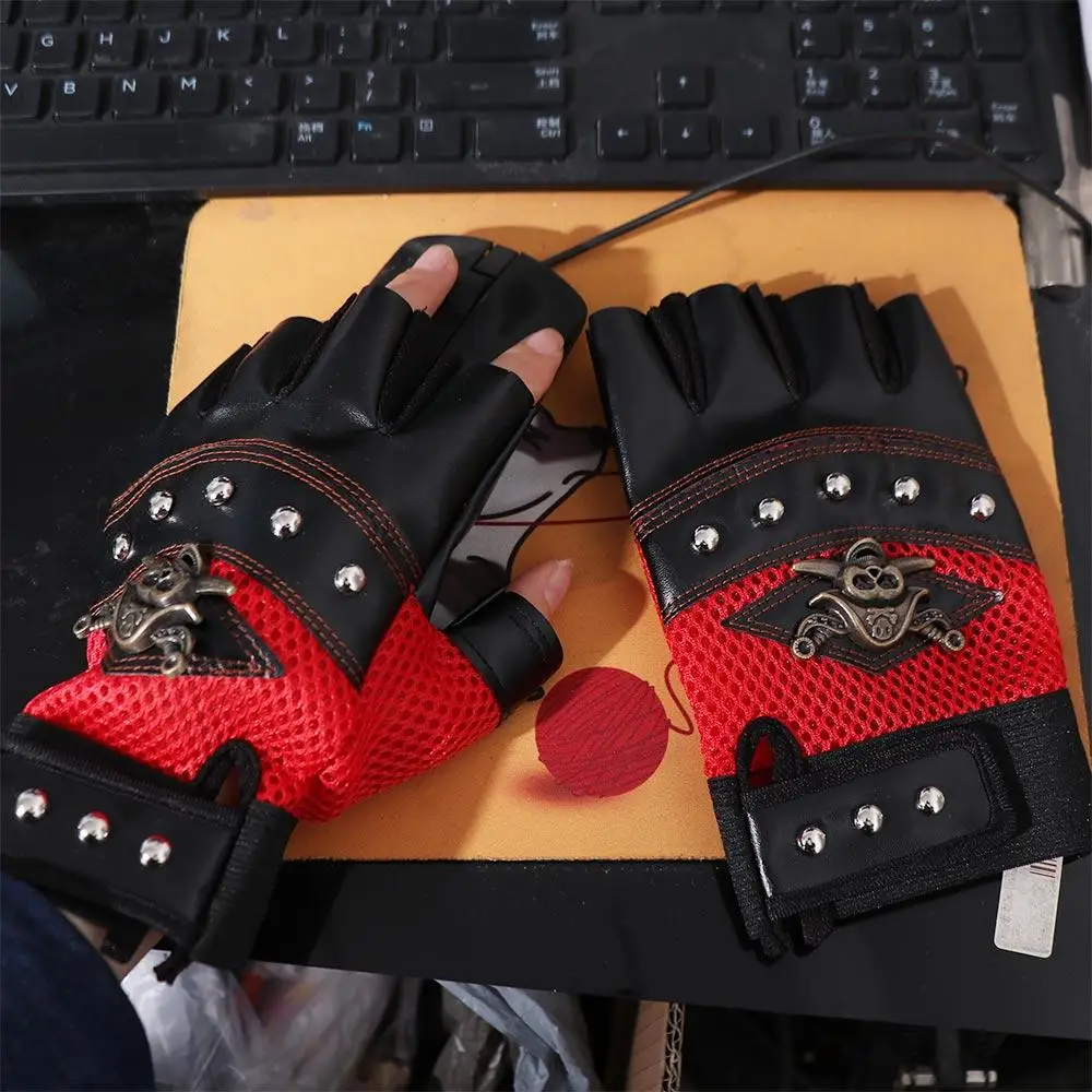 Driving Biker PU Leather Punk Rivet Fingerless Half Finger Gloves Cycling Gloves Skulls Gloves Motorcycle Gloves