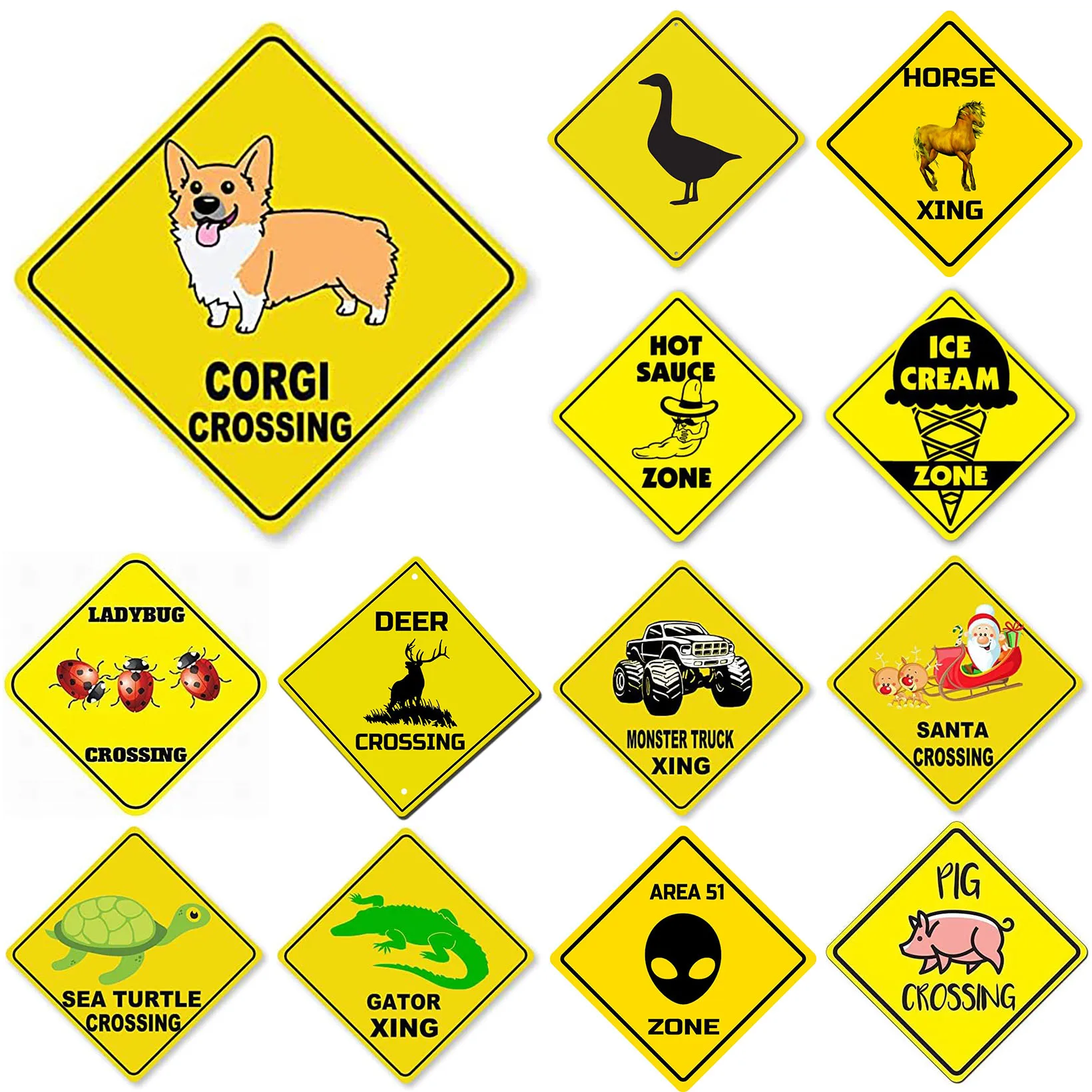 Retro Metal Tin Signs Corgi Horses Crossing Yellow Street Signs Amusement Park Scenic Retro Road Signs Country Retro Decorative