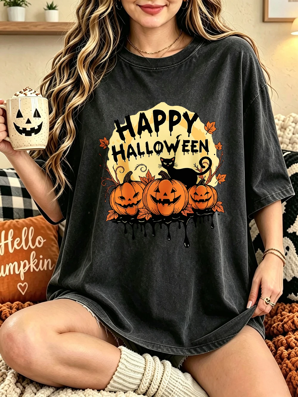 Happy Halloween Kürbisse bedruckte, gewaschene T-Shirts, Damen-Baumwoll-Tops mit kurzen Ärmeln, lässige Oversize-T-Shirts mit Rundhalsausschnitt, Sommerkleidung – Detail 11