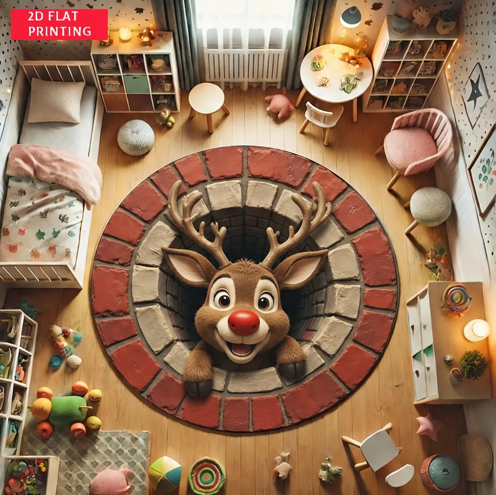 Optical Illusion Brick Tunnel Gnome Round Floor Rug Decorative Carpet for Indoor Household Living Space Holiday Scene Ornament